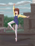 ミニオーバーオールを着て踊るバレエ少女