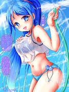 五月雨と　夏の名残の　水遊び