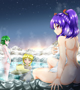 沈む夕日と星空と温泉