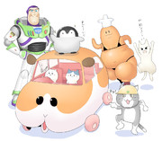 モルカーに乗ったちいかわをほめるコウペンちゃんを追いかけるコックカワサキマイクロビキニ部をしかる