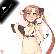 わんどろ提督に資料を見せてもらう牛柄ビキニのオークラ先生