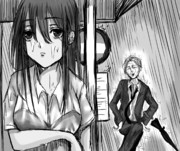 バス停で雨宿りする女子高生と後ろからすごいテンションでやってくるオジサン