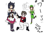 ウイニングライブのステージで敬礼するデムーロコーチ