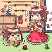 仕事前にピザトーストを食べる博麗霊夢さんとゆっくりさん