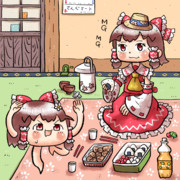 雨の日に花見をする博麗霊夢さんとゆっくりさん