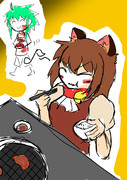 焼き肉を食べるネコ耳さんと何か運ぶ４３ちゃん