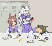 ハヤヒデに勉強を見てもらうタイシンとチケゾー