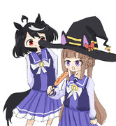 キタサンの一口ちょうだいアピールを容赦無くスルーしてフランクフルトを食べるスイープトウショウ