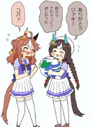 プレゼントしてくれた事が嬉しくて喜ぶタルマエとそれを見て間違えたと言い出せないリッキーちゃん