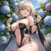 AIイラストで、紫陽花が咲き誇る中にたたずむジータちゃんを生成してみた