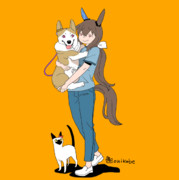 猫と犬に囲まれるアヤベさん