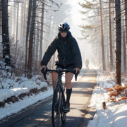 冬の林道を走るロードバイクに乗った男子