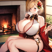 松本市で暖炉のある部屋でココアを飲むジータちゃんを生成してみた