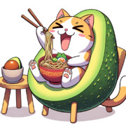 Cat eating ramen on avocado chair.