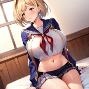 保健室で恥ずかしそうに顔を背けるへそ出し爆乳女子高生ジータちゃん