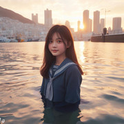 夕陽の海の中の美少女