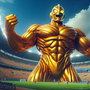 AI生成　金色のマッチョな巨大ヒーローがスタジアムの人に大きな筋肉を見せつけているイラスト