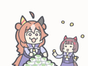 【GIFアニメ】かしわ餅を無限に食べるコパノリッキーの横で お手玉を永遠に続けるニシノフラワー。