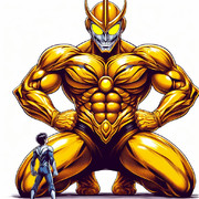 AI生成　金色のマッチョな巨大ヒーローが人に大きな筋肉を見せているイラスト