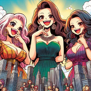 AI生成　巨大でゴージャスな女性たちが大都市を見下ろしているイラスト