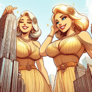 AI生成　巨大でファビュラスな女性たちが高層ビルを見てるイラスト