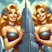 AI生成　巨大でファビュラスな女性たちが高層ビルを囲んでいるイラスト