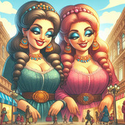 AI生成　巨大でファビュラスな女性たちが商店街を見下ろしているイラスト