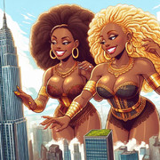 AI生成　巨大でファビュラスな女性たちが高層ビルを見下ろしているイラスト