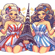 AI生成　巨大でファビュラスな女性たちがタワーを持っているイラスト