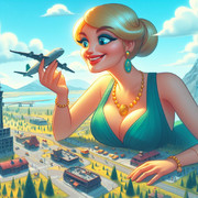 AI生成　巨大でファビュラスな女性が飛行機を持っているイラスト