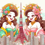 AI生成　巨大でファビュラスな女性たちが東京タワーを見下ろしているイラスト