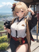 富士山の見えるところでカメラマンするジータちゃん