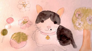 桜の舞う中でハチワレのほのぼの日常を描く水彩色鉛筆イラスト - てっちゃんはなちゃん