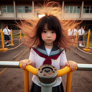 合宿中の夕方の海辺のスーパー少女たち / 静電気体感訓練参加児