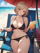 ビーチでチェアに座ってトロピカルドリンクを堪能するジータちゃん