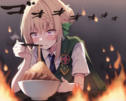 火事の中ラーメンを食べるパース