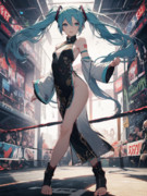 地下格闘技場のリングに立つ賞金稼ぎのチャイナドレス初音ミク