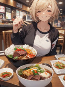 朝のランニングを終えたので牛丼を食べるジータちゃん