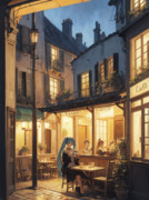 フィンセント・ファン・ゴッホの「夜のカフェテラス」をモチーフにした初音ミクのAIイラスト