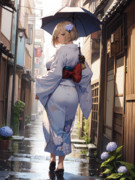 傘をさして京都の路地を歩く浴衣を着たジータちゃん