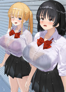 雨宿りの際はみ出たおっぱいだけ雨に濡れてしまう女子達