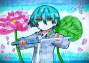 蓮の花、葉っぱと翠くん。
