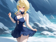 真冬の時化て吹雪の日本海の海岸で水着にさせられた原神の蛍ちゃん