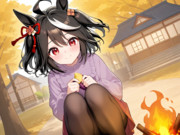自宅の庭で焚き火で焼いた焼き芋を堪能するキタサンブラックちゃん