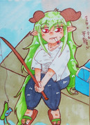 もんぺ姿で釣りをするだらだら不落さん