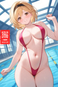 屋内プールでスリングショット水着を着ているジータちゃん