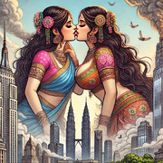 AI生成　ビルより大きな巨大姉妹のイラスト