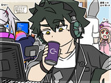 寮内にて作業中。