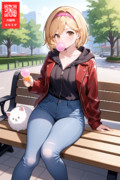 渋谷の公園でベンチに座って今日はどこに遊びに行こうかと考えるジータちゃん