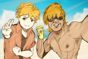 後輩とビーチに来た拓也さん